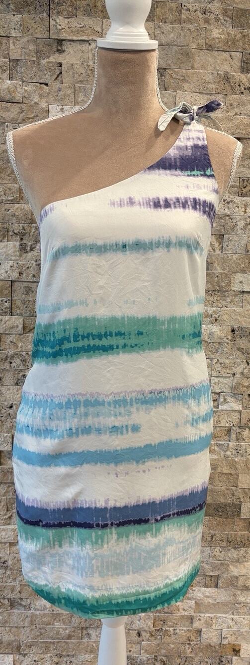 Banana Republic Silk One Shoulder Dress Womens 4 Blue Green Tie Dye